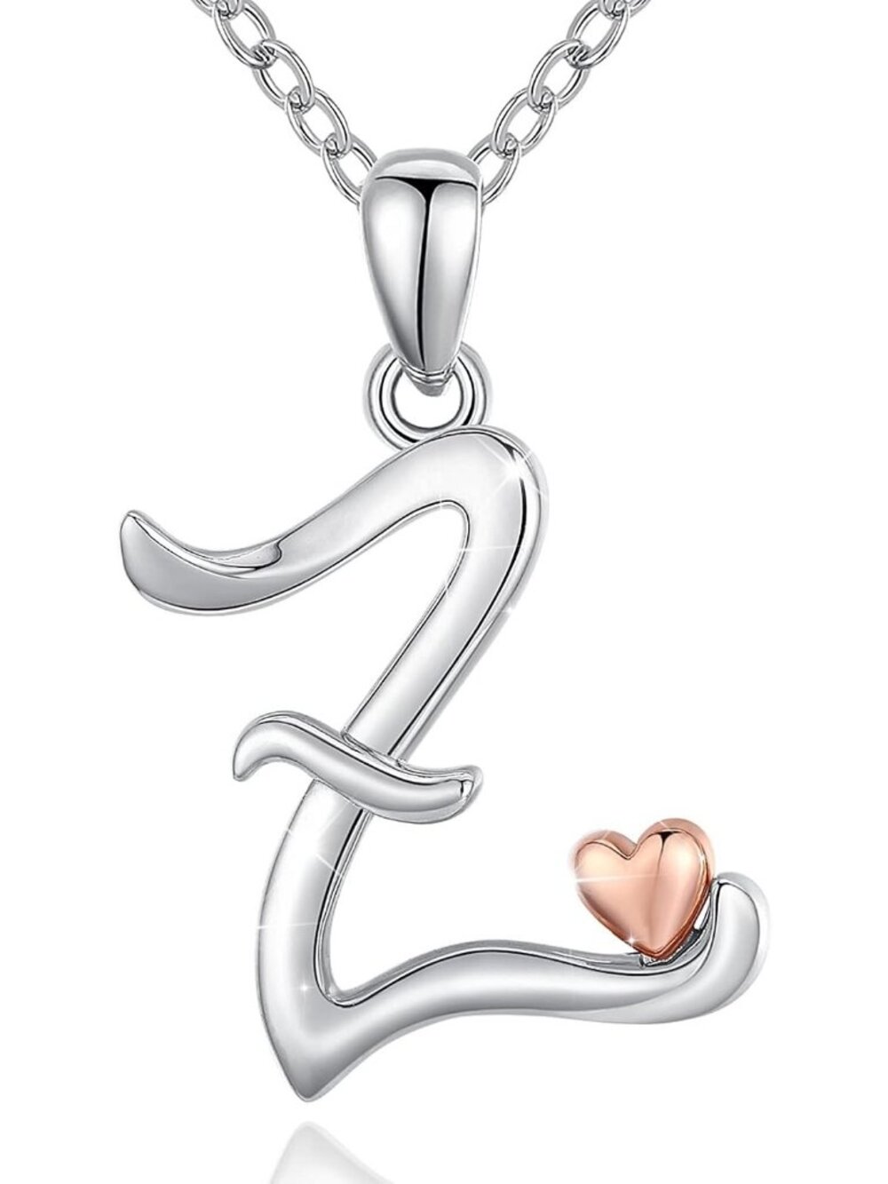 Women's Initial Z Necklace Sterling Silver Letter Pendant Rose Gold Heart Chain